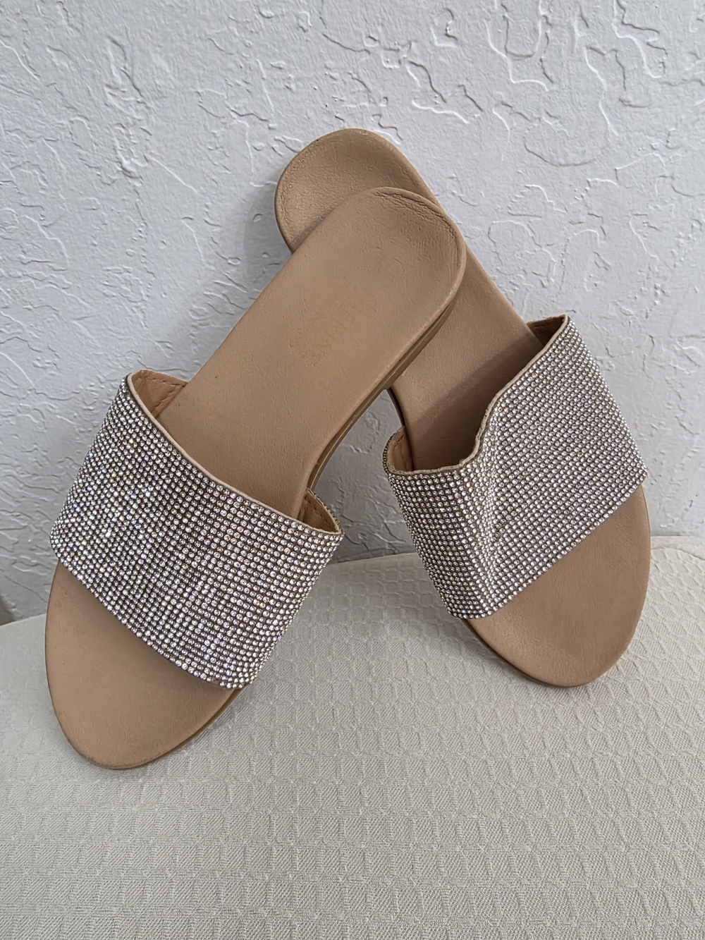 Rhinestone Embellished Tan Slide Sandals